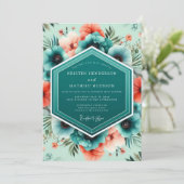 Teal Coral Vivid Botanical Wedding Kaart (Staand voorkant)