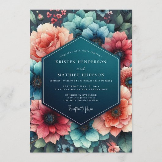 Teal Coral Wedding Kaart (Voorkant)