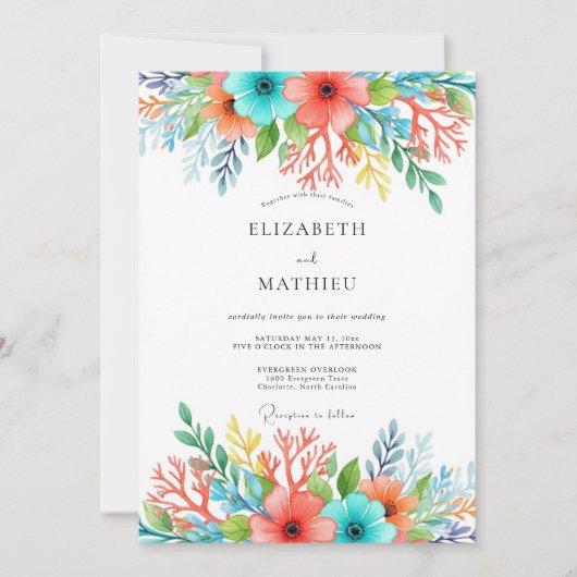 Teal Coral Whimsical Floral Wedding Kaart (Voorkant)