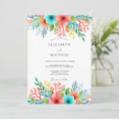 Teal Coral Whimsical Floral Wedding Kaart (Staand voorkant)