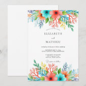 Teal Coral Whimsical Floral Wedding Kaart (Voorkant / Achterkant)