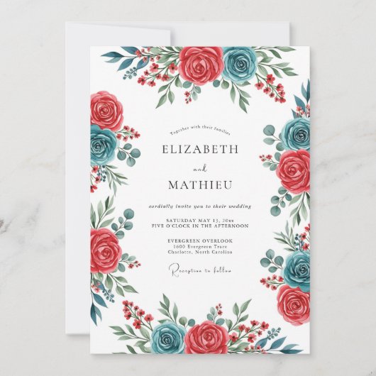 Teal Crimson Spirited Botanical Wedding Kaart (Voorkant)