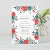 Teal Crimson Spirited Botanical Wedding Kaart (Staand voorkant)