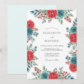 Teal Crimson Spirited Botanical Wedding Kaart (Voorkant / Achterkant)