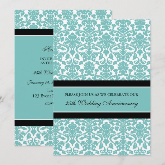 Teal Damask 25e jubileumfeest uitnodiging (Voorkant / Achterkant)