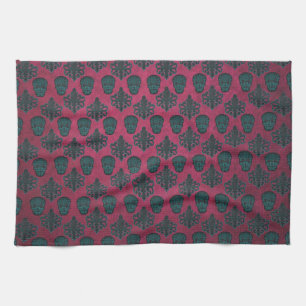 Teal Damast en Schedels op Getextureerde Heet Roze Theedoek