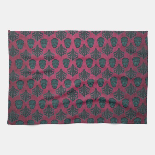 Teal Damast en Schedels op Getextureerde Heet Roze Theedoek (Horizontaal)