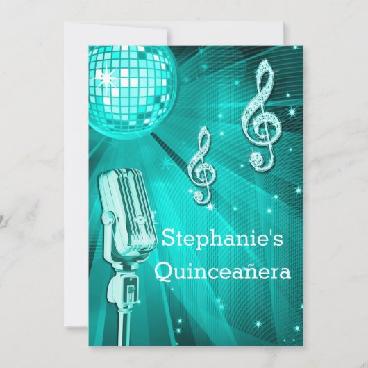 Teal Disco Bal en Retro Microfoon Quinceañera Kaart (Voorkant)