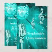 Teal Disco Bal en Retro Microfoon Quinceañera Kaart (Voorkant / Achterkant)