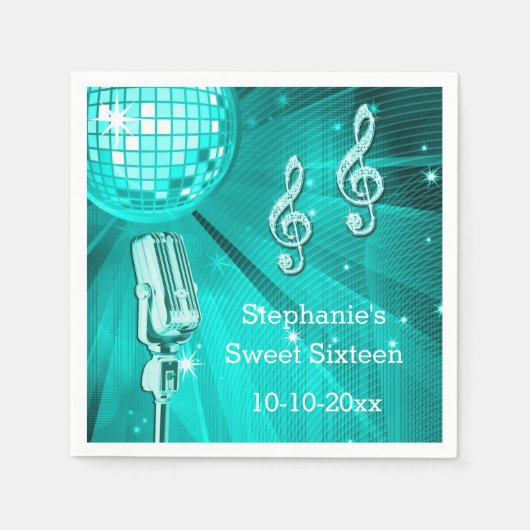 Teal Disco Bal en Retro Microfoon Sweet 16 Servetten (Voorkant)