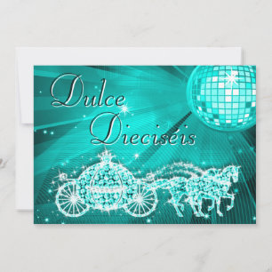 Teal Disco Bal, Princess Coach & Paarden Sweet 16 Kaart