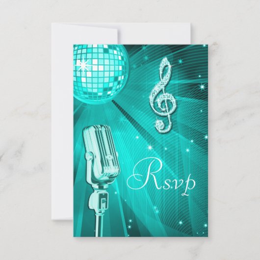 Teal Disco Bal & Retro Microfoon RSVP Kaartje (Voorkant)