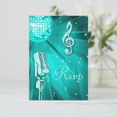 Teal Disco Bal & Retro Microfoon RSVP Kaartje (Staand voorkant)