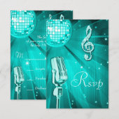 Teal Disco Bal & Retro Microfoon RSVP Kaartje (Voorkant / Achterkant)