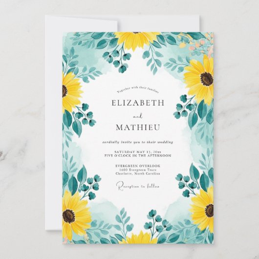 Teal Distinctive Sunflower Wedding Kaart (Voorkant)