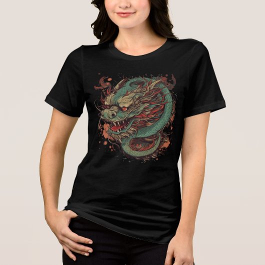 Teal Dragon with Fiery Mane Art Tri-Blend Shirt (Voorkant)