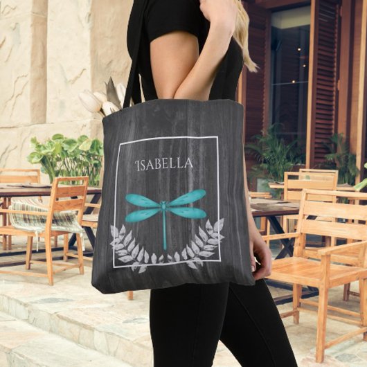 Teal Dragonfly Rustic Personalized Tote Bag