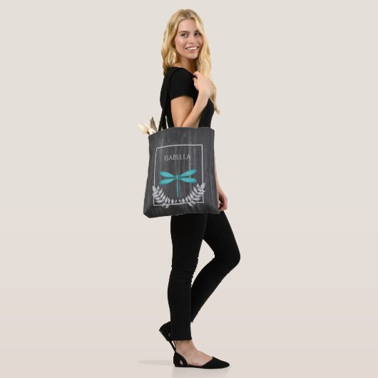 Teal Dragonfly Rustic Personalized Tote Bag (Op model)