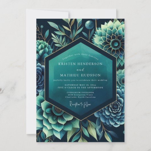 Teal Dramatic Botanical Wedding Kaart (Voorkant)