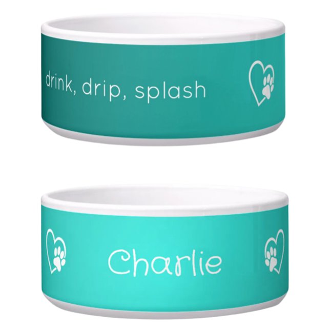 Teal 'drink drip splash' Dog Name Bowl Voerbakje (Creator heeft geüpload)