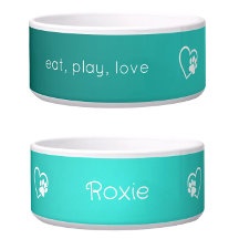 Teal 'eat, play, love' Dog Name Bowl