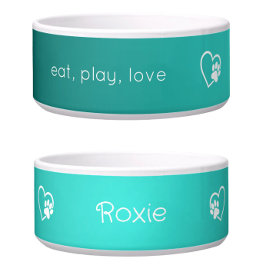Teal 'eat, play, love' Dog Name Bowl Voerbakje