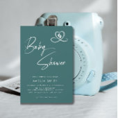 Teal Elegant Script Baby Shower Heart Footprints Kaart