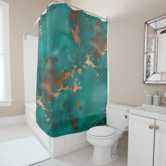 Teal en brons douchegordijn (In situ)
