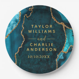 Teal en Goud Agate Marmer Bruiloft Papieren Bordje