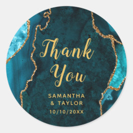 Teal en Goud Agate Marmer Dankjewelings Huwelijk Ronde Sticker