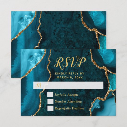 Teal en Goud Agate Marmer RSVP Kaartje (Voorkant / Achterkant)