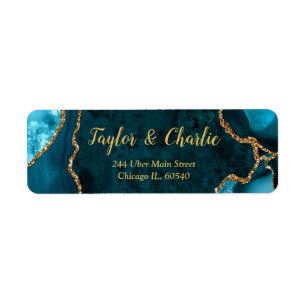 Teal en Goud Agate Marmer Trouwdag Etiket