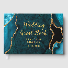 Teal en Goud Agate Marmer Trouwdag Gastenboek