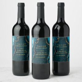 Teal en Goud Agate Marmer Trouwdag Wijn Etiket