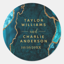 Teal en Goud Agaten Knikker Bruiloft Ronde Sticker