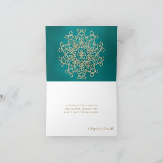 TEAL EN GOUD INDIAAS TROUWKAARTJE BEDANKJE BEDANKKAART (Binnen)