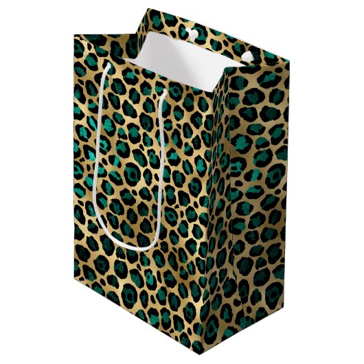 Teal en Goud Luipaard Serie Design 14 Medium Cadeauzakje (Voorkant Gekanteld)