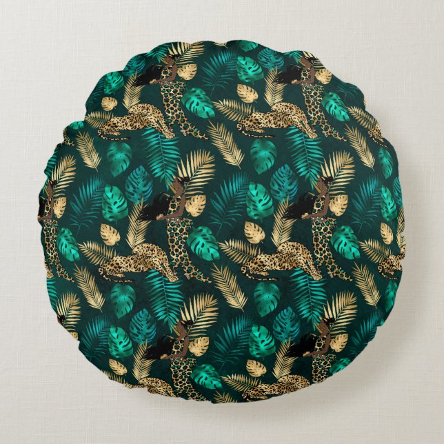 Teal en Goud Luipaard Serie Design 7 Rond Kussen (Voorkant)