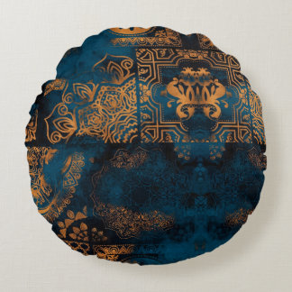 Teal en gouden antieke boho geometrische tegel rond kussen