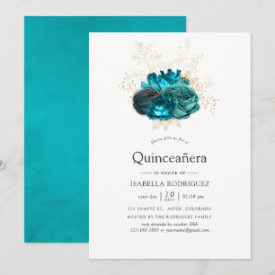 Teal en gouden bloemstuk Quinceañera Kaart