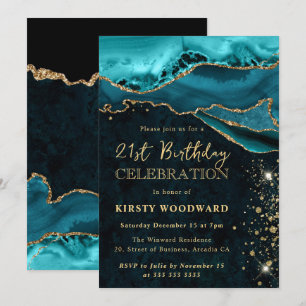 Teal en gouden glitters Agate verjaardagsfeest Kaart