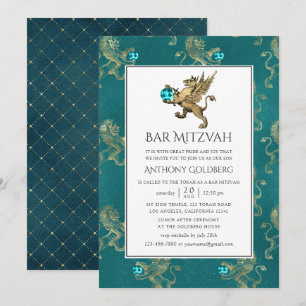 Teal en gouden heraldische Bar Mitzvah Kaart