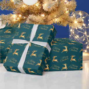 Teal en Gouden Kerst Rendieren Cadeaupapier