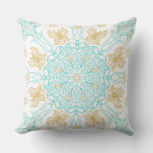 Teal en gouden mandala met vlinder kussen