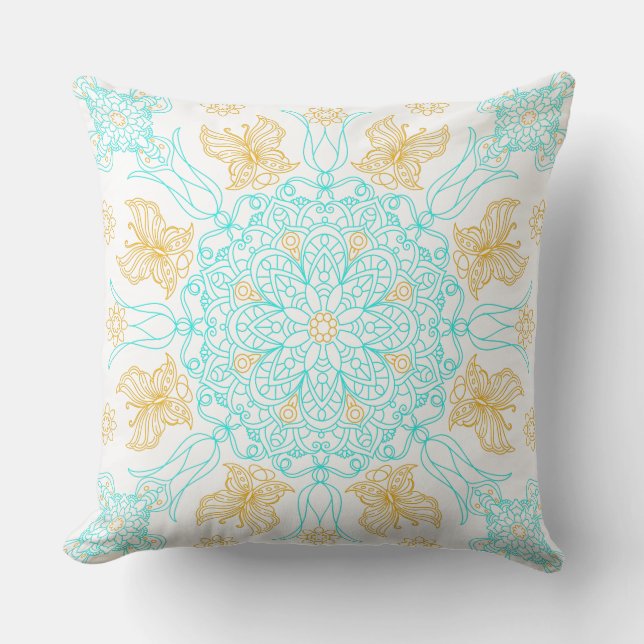 Teal en gouden mandala met vlinder kussen (Voorkant)