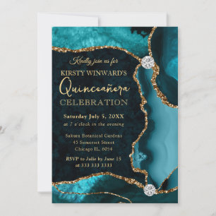Teal en gouden namaak glitters agaat Quinceanera Kaart