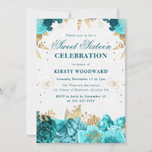 Teal en Gouden Rozen Bloemige Sweet Sixteen Uitnod
