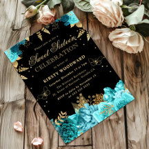 Teal en Gouden Rozen Bloemige Sweet Sixteen Uitnod