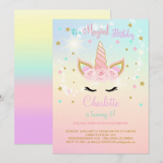 Teal en Roze Eenhoorn Verjaardagsuitnodiging Kaart (Voorkant / Achterkant)