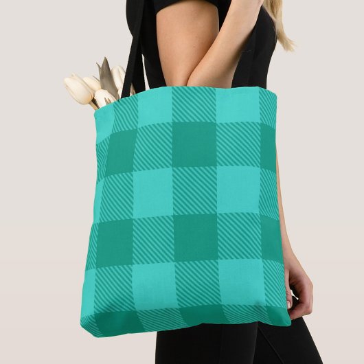 Teal en turquoise geruite plaid ontwerp tote bag